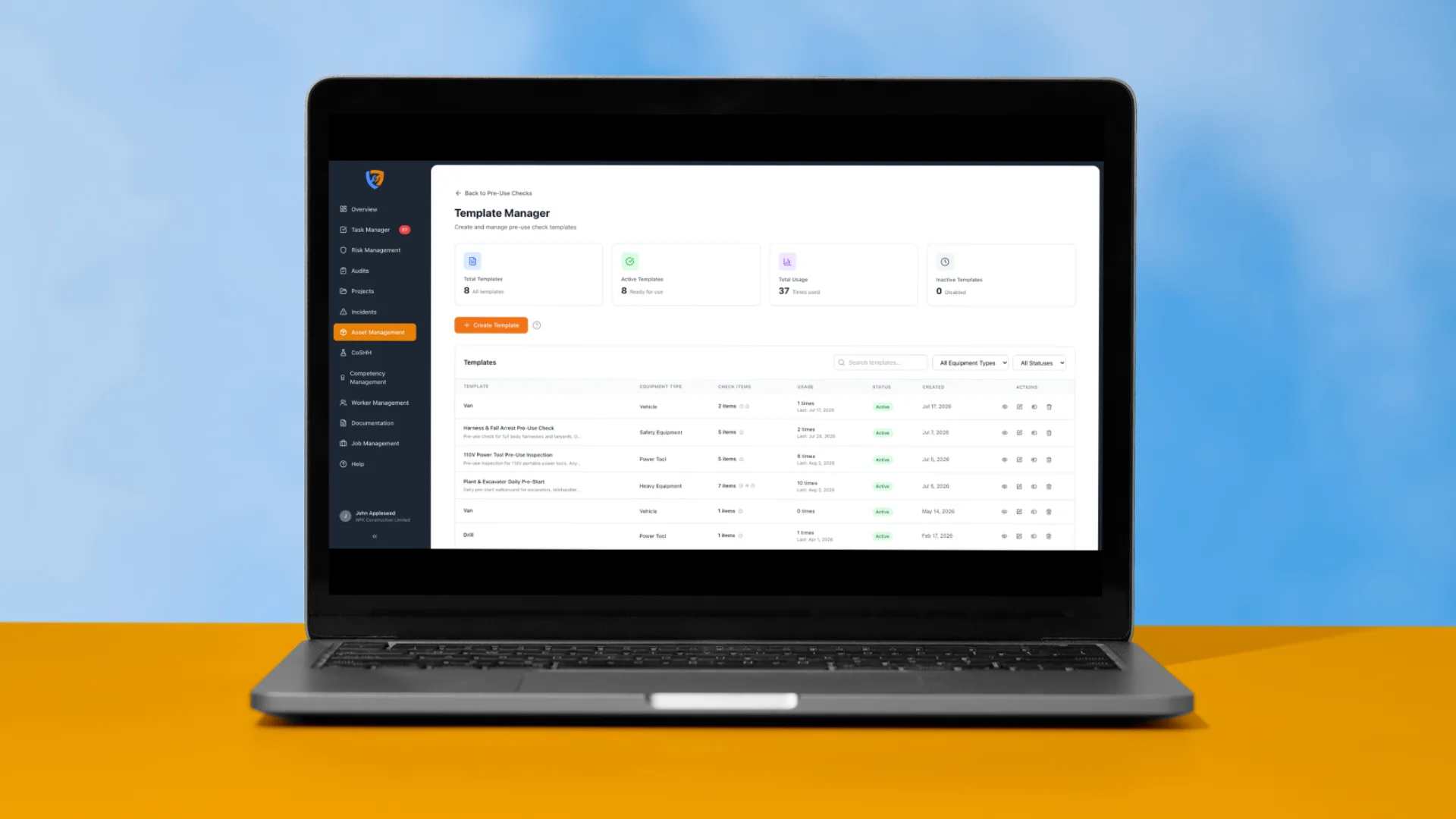 Pre-use check template manager in Safety Mate® with templates per equipment type