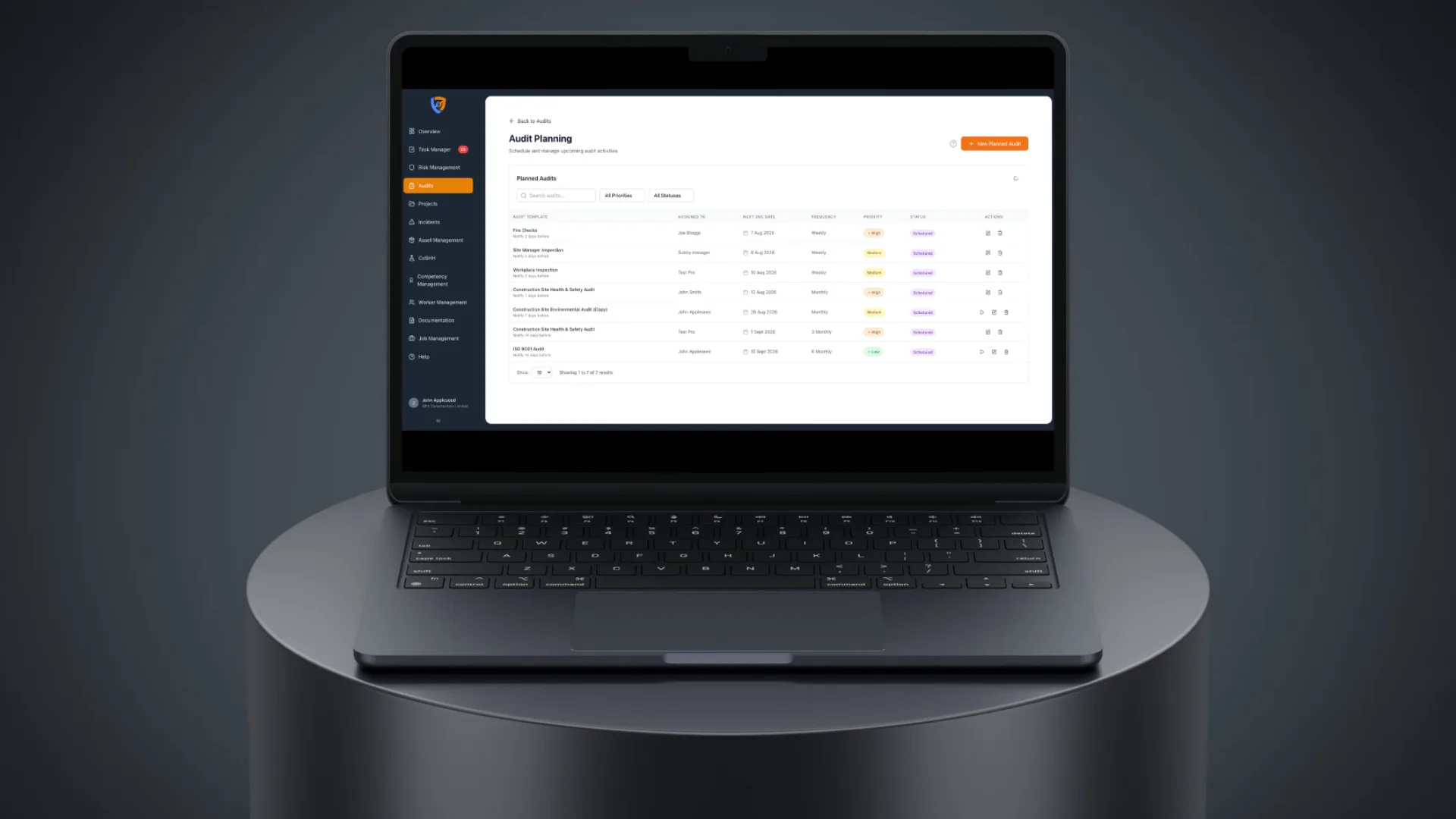 Audit planning view with programme records, filters and completion stats in Safety Mate®