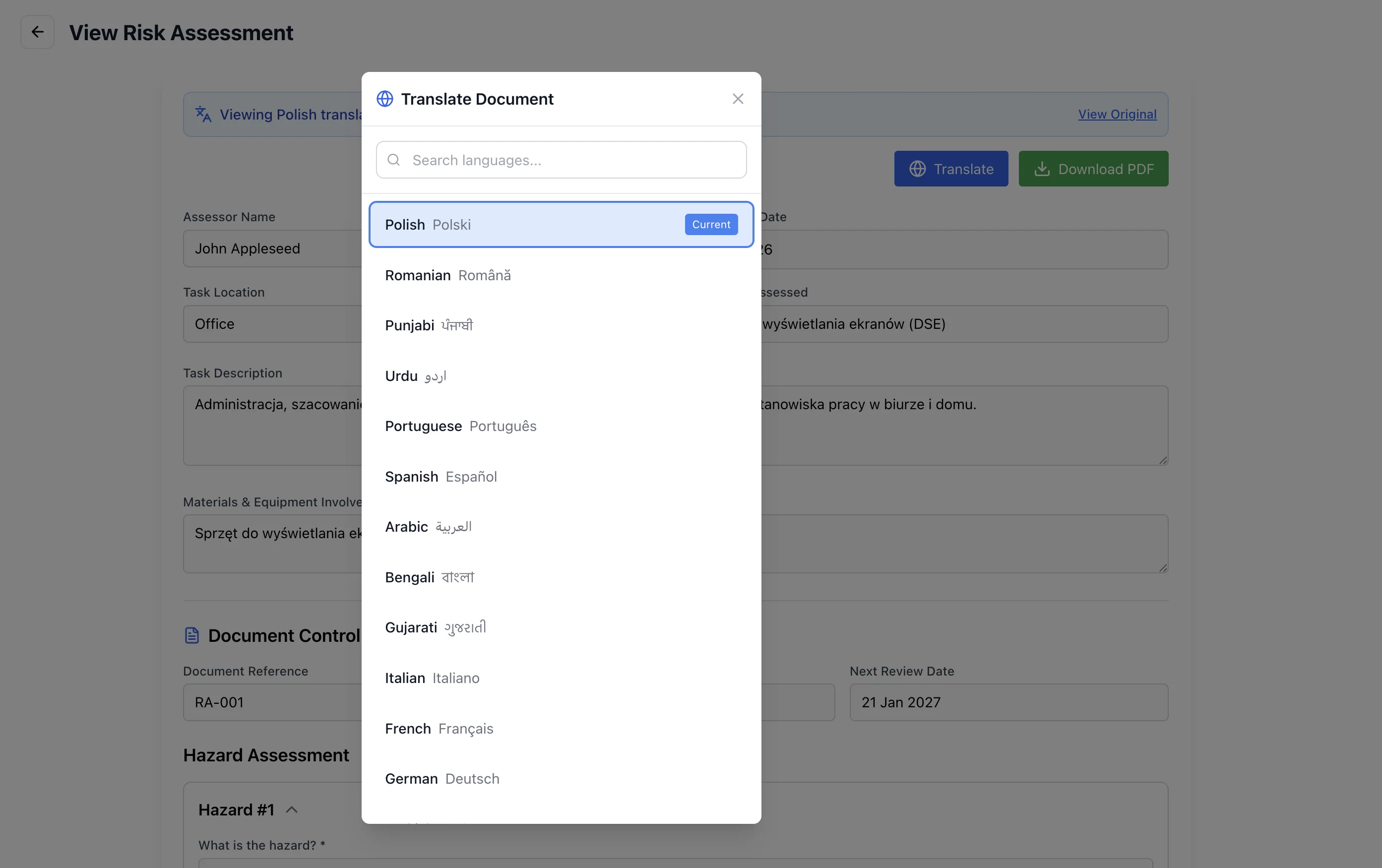 Multi-language translation in Safety Mate®