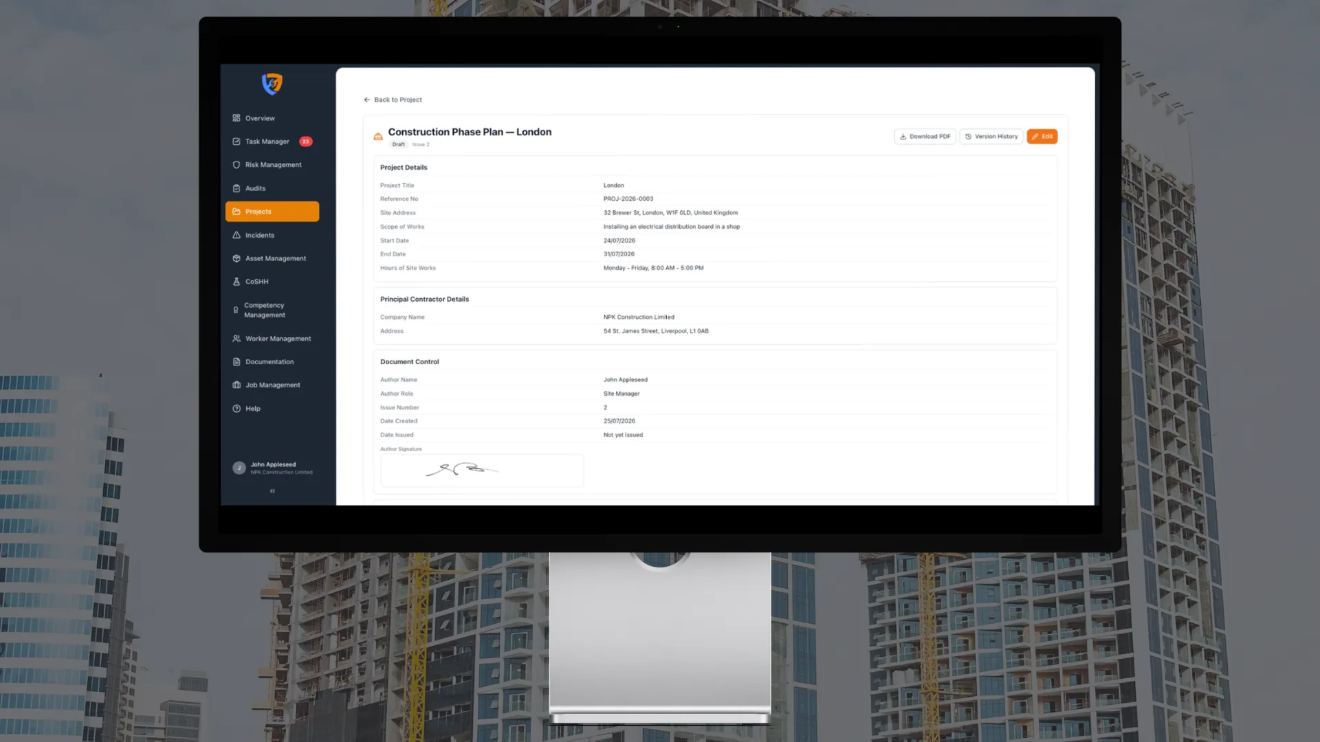 Project safety plan with project details, principal contractor and document control in Safety Mate®