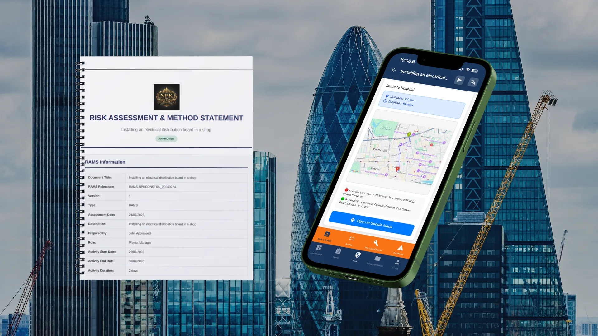 Approved RAMS document generated in Safety Mate® with emergency route to hospital on mobile