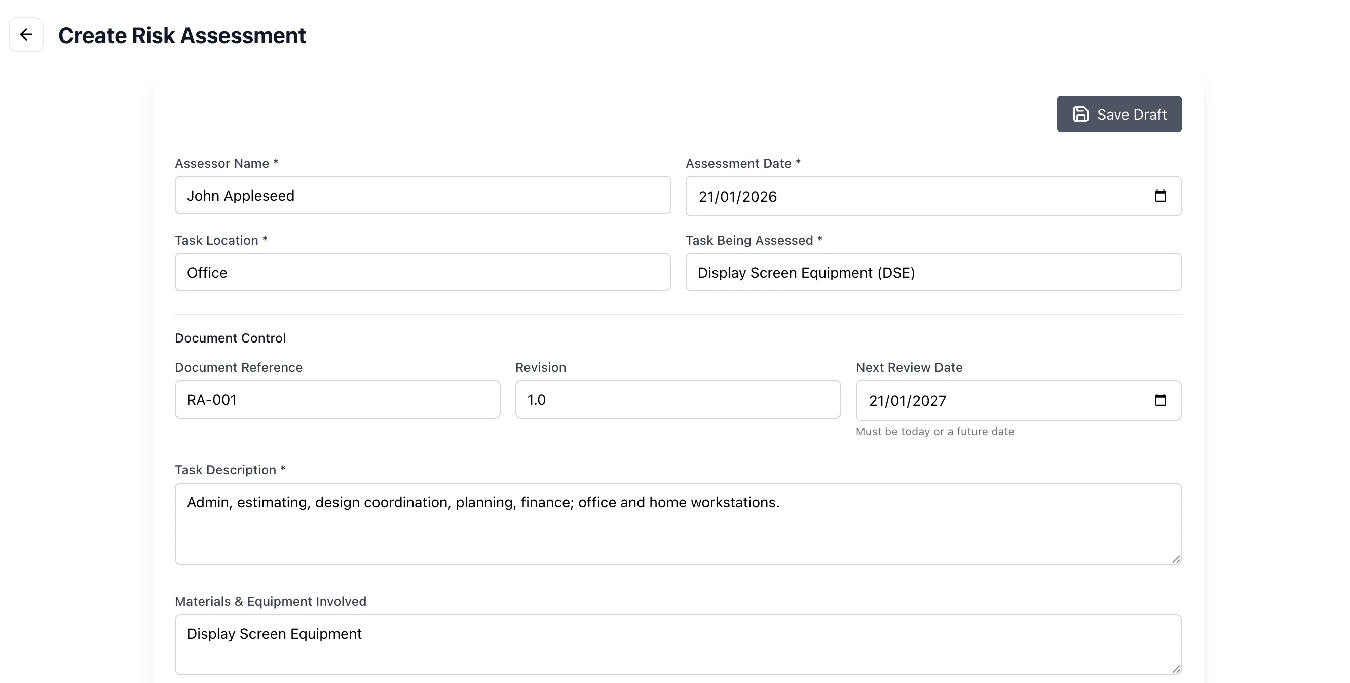 Creating a new risk assessment in Safety Mate®