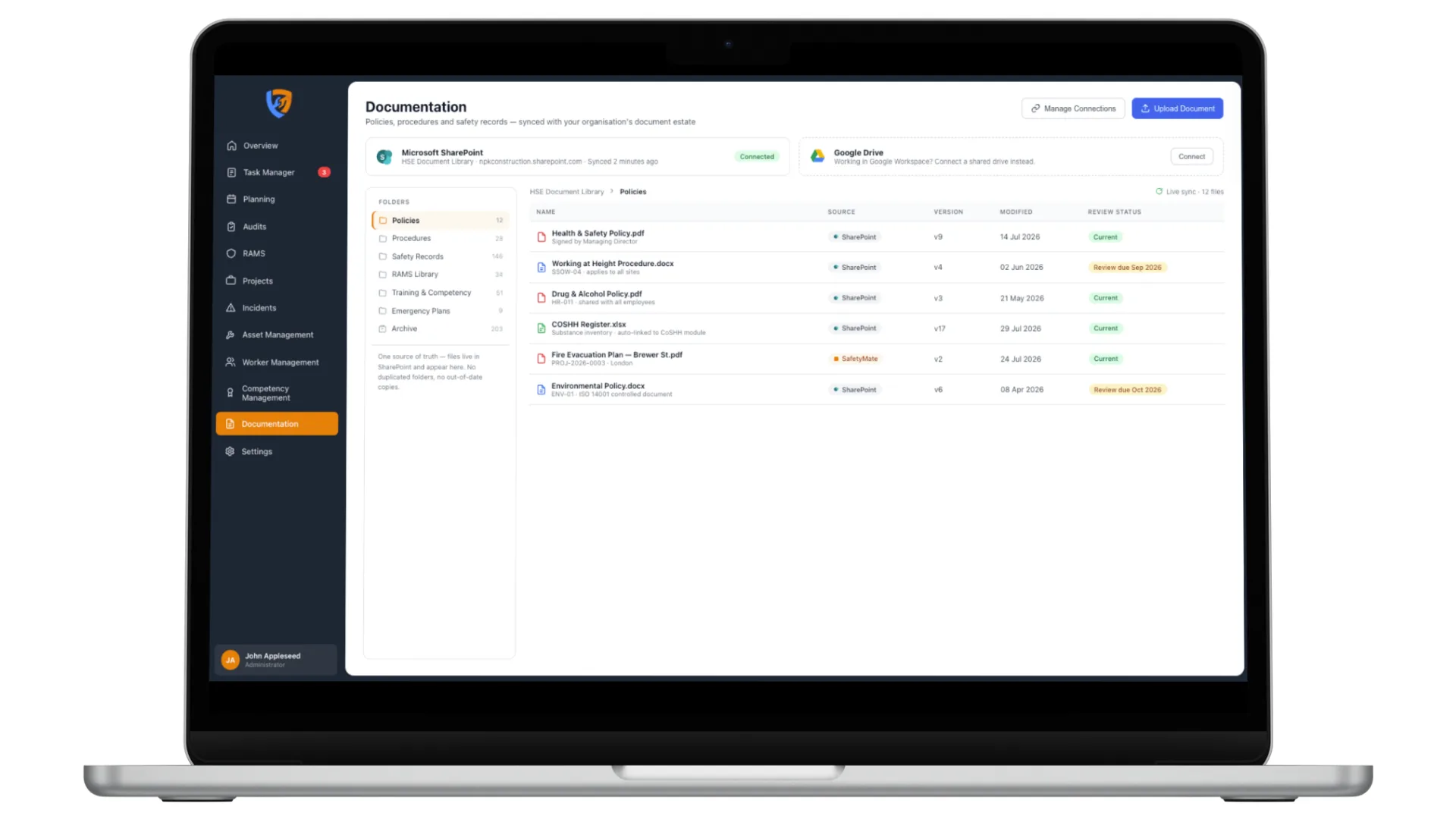Safety Mate® document library synced with Microsoft SharePoint, with Google Drive connection available