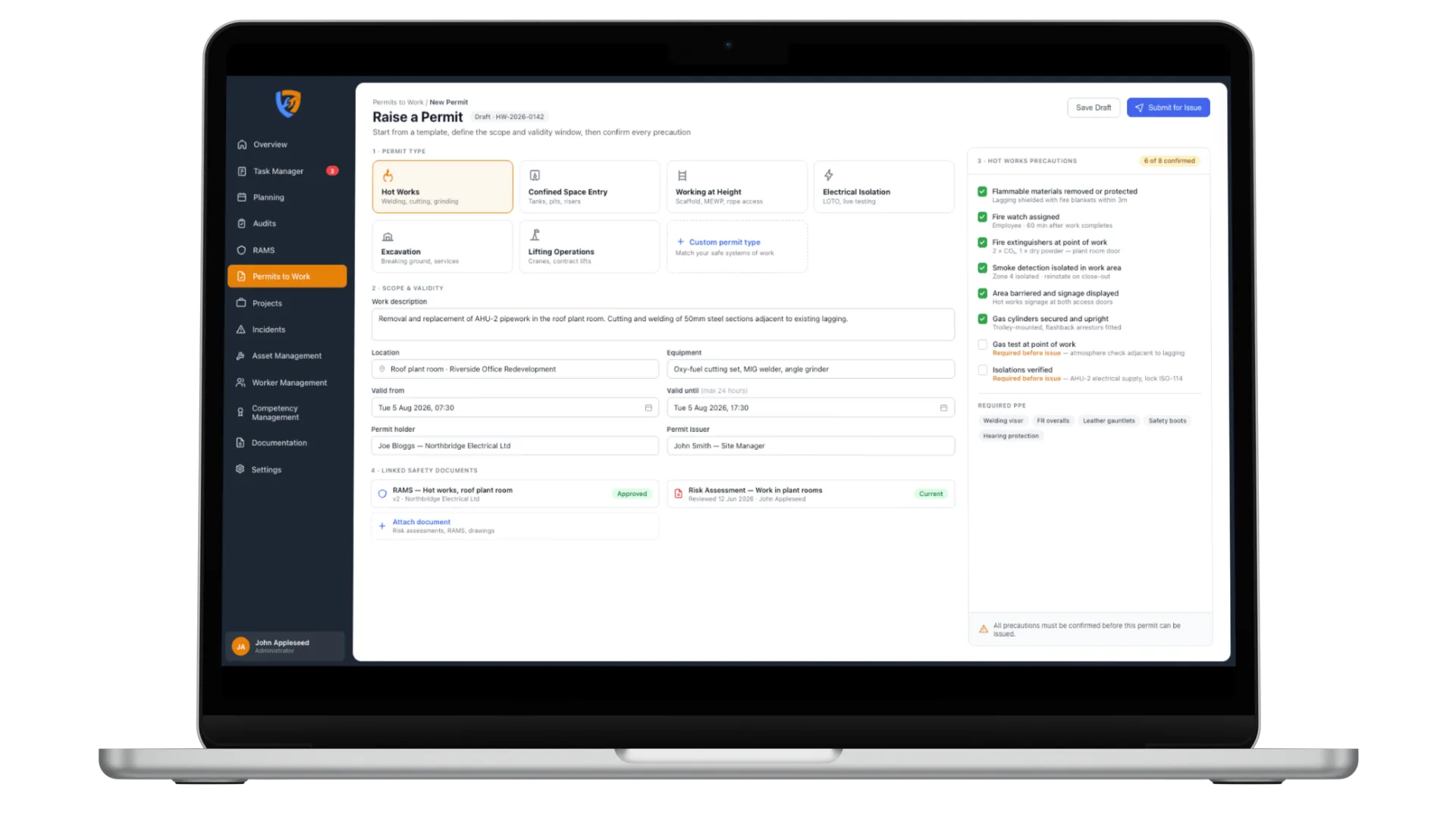 Raising a hot works permit from a template with precautions and linked RAMS in Safety Mate®