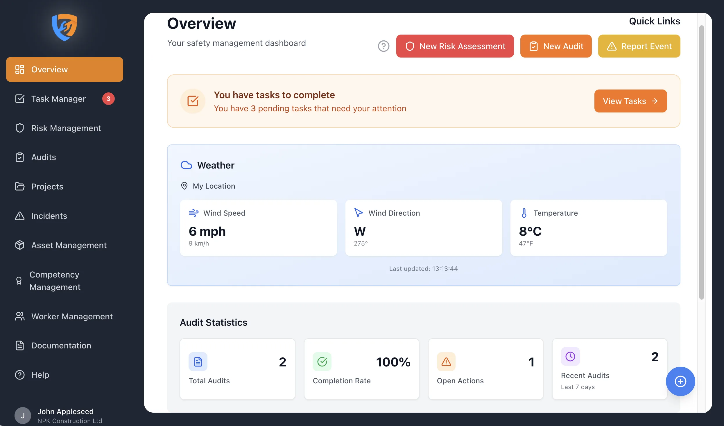 Safety Mate health and safety management dashboard
