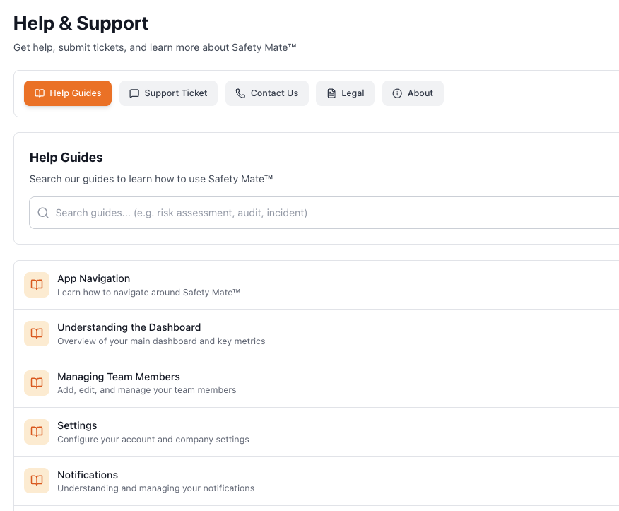 Safety Mate® help and guides screen
